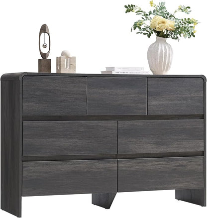 AMERLIFE 7 Drawer Dresser for Bedroom, 49" Wide Modern Chest of Storage Drawers with Rounded Corners, Anti-Tip Kit, Wood Cabinet Organizer for Closet, Living Room, Nursery, Easy Assembly, Black