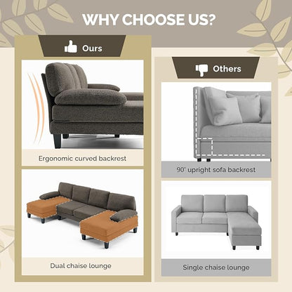 VINGLI 110' U-Shaped Sectional Couch with Two Chaise, Affordable Small Sofa with 4 Seats, Chenille Fabric Comfy Couches for Living Room, Dark Brown