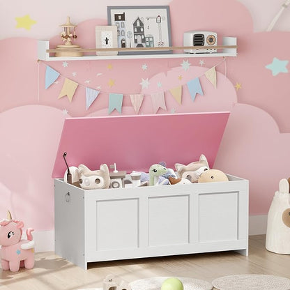 HOOBRO Storage Bench, 39.3" Retro Wooden Storage Chest, Wooden Storage Trunk, Toy Chest with Lift Top, Multifunctional Entryway Organizer, for Entryway, Living Room, White and Pink WK141CW01