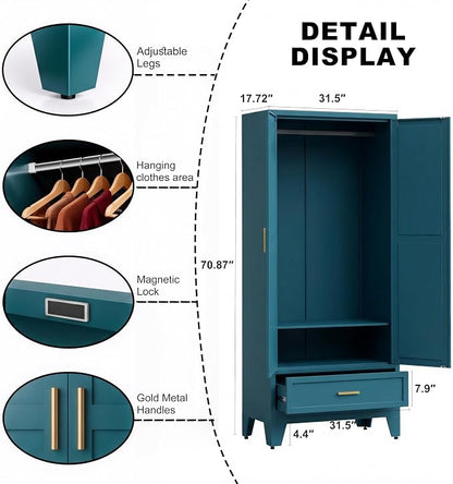 71" H Blue Closet,Armoire Wardrobe Closet,Metal Wardrobe Closet with Doors and Shelves,Large Wardrobe Closet for Bedroom