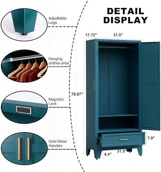 71" H Blue Closet,Armoire Wardrobe Closet,Metal Wardrobe Closet with Doors and Shelves,Large Wardrobe Closet for Bedroom
