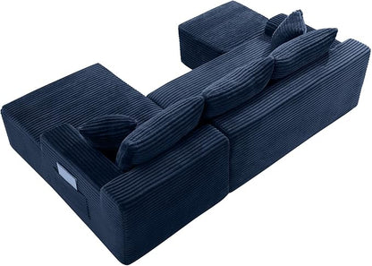 95-Inch U-Shaped Right Facing Corner Compressed Sofa Modular Sectional Boneless Cloud Sofa Floor Foam Couch W/Chaise Lounge & Ottoman, Corduroy Corner Boneless Cloud Couch