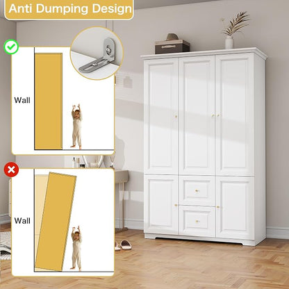 White Wardrobe with 2 Drawers: 74" Large Wardrobe Closet for Hanging Clothes, Tall Armoire Closet with 3 Doors, Bedroom Armoires with Hanging Rod (47")