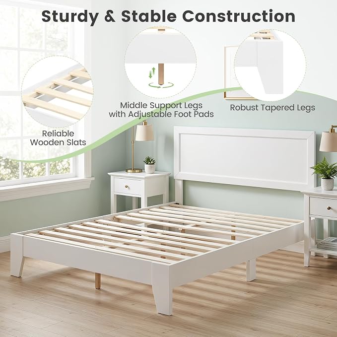 KOMFOTT Queen Size Bed Frame, Modern Platform Bed with Headboard, Wooden Slat Support Mattress Foundation, Under-Bed Storage Space, No Box Spring Needed(White,Queen)