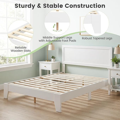 KOMFOTT Queen Size Bed Frame, Modern Platform Bed with Headboard, Wooden Slat Support Mattress Foundation, Under-Bed Storage Space, No Box Spring Needed(White,Queen)