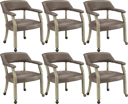 LEEMTORIG Set of 6 Dining Chairs with Casters and Arms, Rolling Dining Chairs with Wheels for Elderly, Ergonomic Wide Seat Wooden Office Desk Chairs, 26"D x 25.2"W, Grey Legs & Dark Brown SY-1318-DK