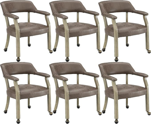LEEMTORIG Set of 6 Dining Chairs with Casters and Arms, Rolling Dining Chairs with Wheels for Elderly, Ergonomic Wide Seat Wooden Office Desk Chairs, 26"D x 25.2"W, Grey Legs & Dark Brown SY-1318-DK