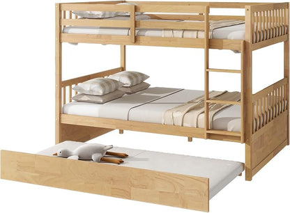 Bellemave Full Over Full Bunk Bed with Trundle,Convertible Bunk Beds with Ladder & Safety Guardrails,Full Size Trundle Bunk Beds for Kids Girls Boys,Natural