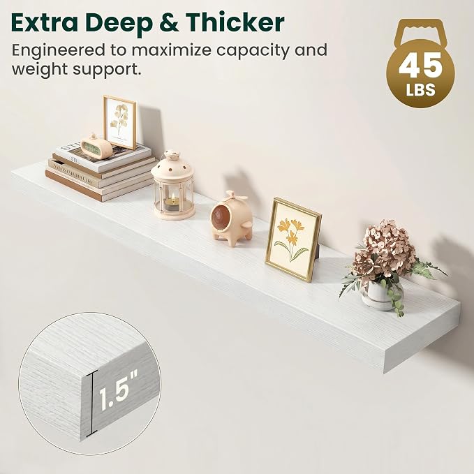 Floating Shelves for Wall, 48 Inch x 8 Inch Deep Wall Mounted Wood Shelf with Invisible Brackets for Storage & Display, Living Room Bedroom Kitchen, White, Set of 2