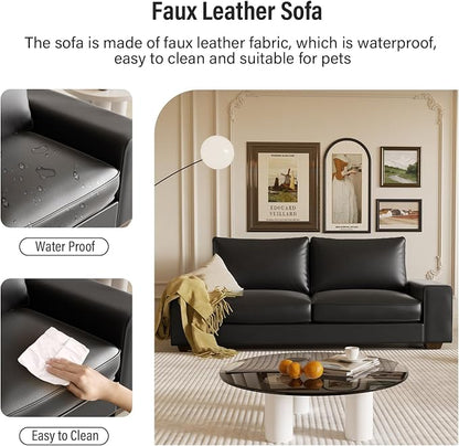 Valthie Faux Leather Couch, Mid Century Modern Comfy Loveseat Sofa with Wide Arm, Side Pockets, Solid Wooden Frame for Office, Living Room and Bedroom, 3 Seater (Black, 88.58 inches)
