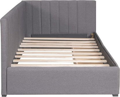 Merax Twin Size Upholstered Daybed with 2 Storage Drawers, Wooden Sofa Bed Frame, No Box Spring Needed, Linen Fabric, Gray