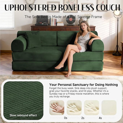 79'' Convertible Sofa Bed, 6 in 1 Folding Floor Futon Couch Sleeper with Fixed Frame, Corduroy Modular Sofa Bed with Removable Armrests & Pillows, No Assembly for Living Room Bedroom (Green)