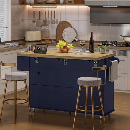 ONBRILL 60" Kitchen Island with Power Outlet & Drop Leaf, Rolling Island with Spice Rack & Towel Rack, Kitchen Island Cart with Trash Storage Cabinet, Island Table for Kitchen, Blue