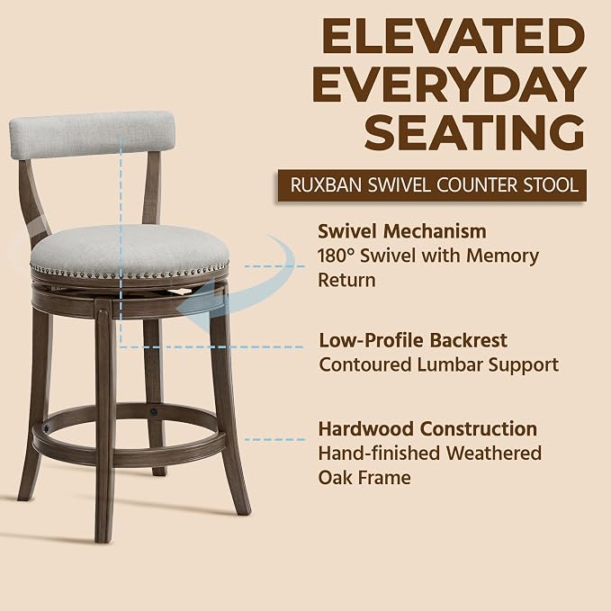 ROME + OAK Ruxban 26" Counter Stool, Set of 2 Low Back Swivel Barstools in Weathered Oak Finish with Sand Fabric Upholstery Seat - Indoor Home Furniture