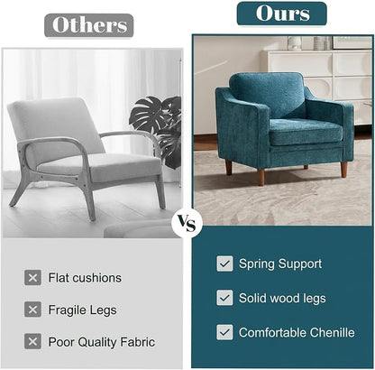 Kingfun Accent Chair, Living Room Chairs, Mid Century Reading Armchair, Chenille with Solid Wood Foot, Upholstered Modern Decor for Bedroom, Apartment