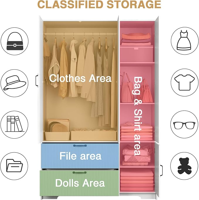 White Fluted Wardrobe Closet with Mirror and Light, 3-Door Armoire Wardrobe with 2 Drawers, Hanging Rod, Shelves, Freestanding Bedroom Storage Cabinet
