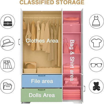 White Fluted Wardrobe Closet with Mirror and Light, 3-Door Armoire Wardrobe with 2 Drawers, Hanging Rod, Shelves, Freestanding Bedroom Storage Cabinet