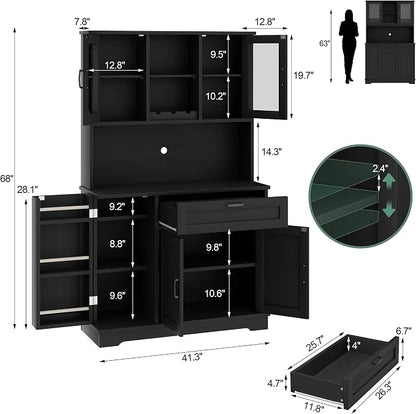 Shintenchi Kitchen Pantry Storage Cabinet, Freestanding Buffet Cabinet with Microwave Stand & 3 Door Shelves, Kitchen Hutch with Doors, Adjustable Shelves and Wine Rack, Black