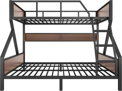 Bellemave Bunk Bed Queen Over King with LED, Heavy Duty Metal Bunk Beds with Storage Shelves and Lights, Woodgrain+Black