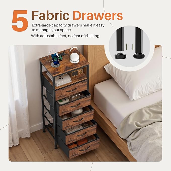Sweetcrispy Nightstand with Charging Station, Dimmable LED Light Strip, 5 Fabric Storage Drawers, USB-C & AC Outlets, Sturdy Adjustable Feet, Modern Multifunctional Bedside Table, Brown