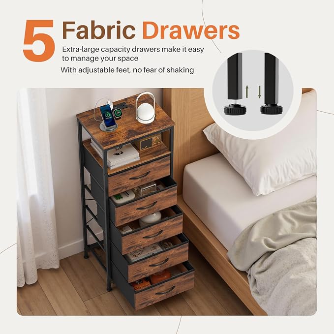 Sweetcrispy Nightstand with Charging Station, Bedside End Table with 5 Fabric Drawers, USB & Type-C Ports with AC Outlets, Adjustable Feet & Dimmable LED Light Strip, Modern Bedroom Furniture, Brown
