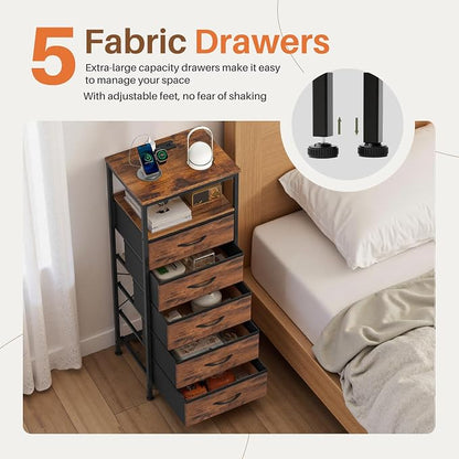Sweetcrispy Nightstand with Charging Station, Bedside End Table with 5 Fabric Drawers, USB & Type-C Ports with AC Outlets, Adjustable Feet & Dimmable LED Light Strip, Modern Bedroom Furniture, Brown