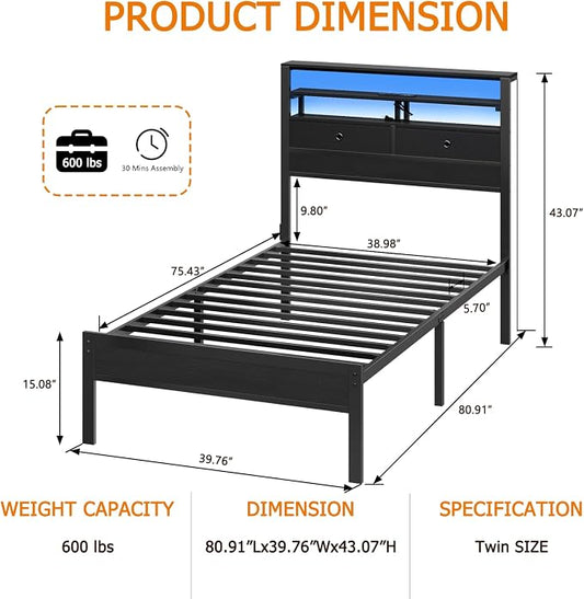 Furnulem Twin Bed Frames with Charging Station and LED Lights, Wood Headboard with 2 Fabric Drawers and Storage Shelves, Twin Size Platform Bed with Metal Slats, No Box Spring Needed, Black Oak
