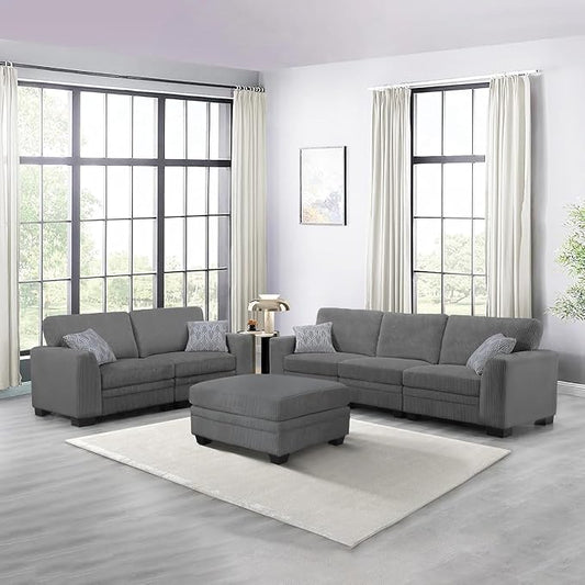 Legend Vansen Oversized Modular Sectional Sofa,6 Seat U Shaped Couch with Ottoman,Corduroy Sofa with Deep Seat,Convertible Large Sectional Couches for Living Room (Grey, L2+3)