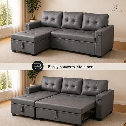 Naomi Home 84" L-Shaped Sectional Sleeper Sofa with Pull Out Bed | Sleeps Guests Comfortably, Stores Essentials in Chaise & Saves Space, Air Leather, Dark Gray Convertible Sofa Bed