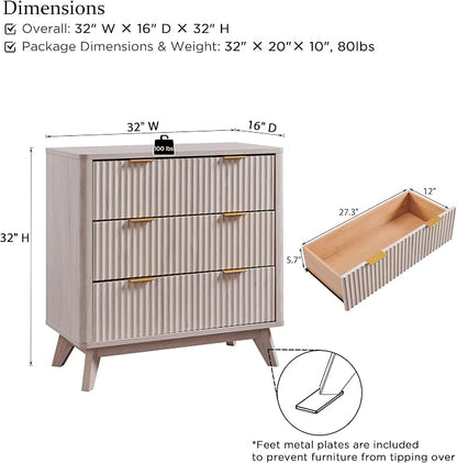 T4TREAM Fluted 3 Drawers Nightstand, Oversized Extra Large Modern Side Table, End Table Bedside for Bedroom, Living Room, Curved Profile Design, White Alder