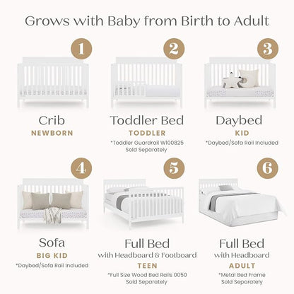 Delta Children Isabelle 6-in-1 Convertible Crib, Converts to Toddler Bed, Daybed, Sofa & Full Bed with/Without Footbaord, Greenguard Gold Certified, Mattress Heights, Bianca White