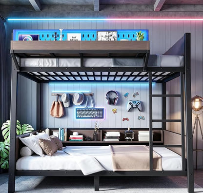 Bellemave Bunk Bed Full Over Full with LED, Heavy Duty Metal Bunk BedFrame with Storage Shelves and Lights, Black