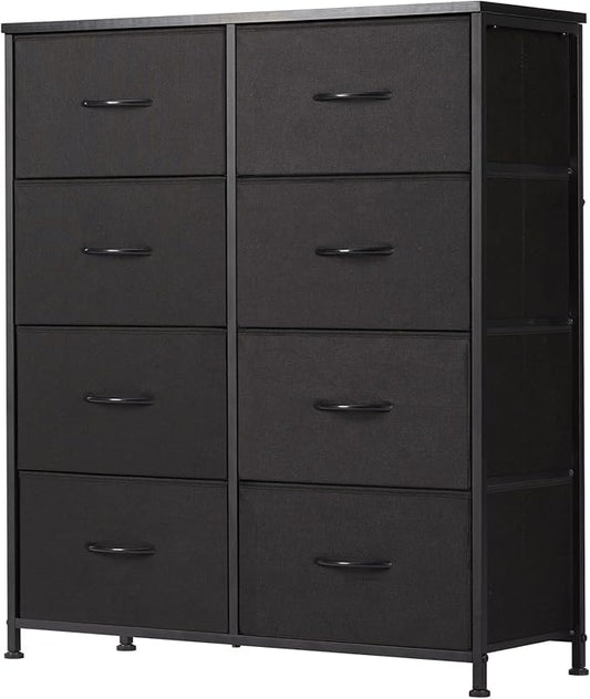 Sweetcrispy 8 Drawer Black Dresser for Bedroom Tall, Organizer Storage | Fabric Storage Tower, Chest of Drawers with Steel Frame, Wood Top for Living Room, Closet