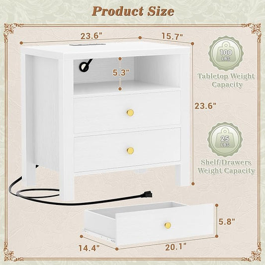 Aheaplus Nightstand with Charging Station, 23.6'' Large Bed Side Table with Wooden 2 Drawers, Night Stand for Bedroom, End Table with Open Storage Shelf for Living Room, White