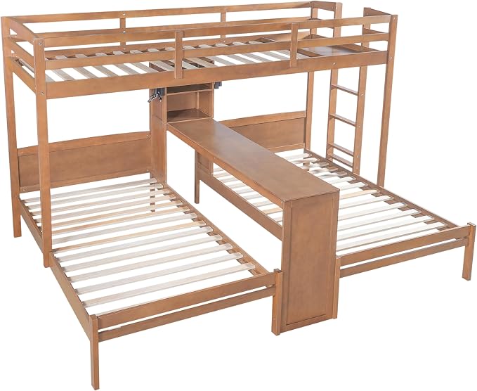VilroCaz Twin Over Twin & Twin Bunk Bed with Built-in Desk and Storage Shelves, 3 Beds in 1 Design Solid Wood Triple Bunk Bed with Reading Lamp and Guardrails for Kids Teens Aldults (Natural-2.14)