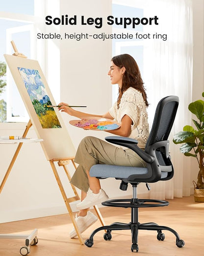 ErGear Drafting Chair,Tall Office Chair with Flip-Up Armrests, High Desk Chair Adjustable Height and Adjustable Footrest Ring, Ergonomic Standing Desk Chair with Lumbar Support, Blue,3 Pack