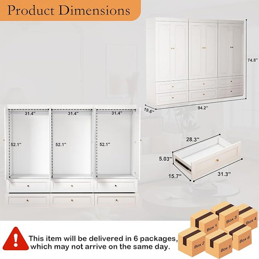 Wooden Wardrobe Closet with Doors: 75" Tall White Armoire Wardrobe Closet with 6 Drawers and 6 Doors, Modern Clothes Cabinets for Bedroom Armoires with Hanging Rod (6-Drawers, 94.5")