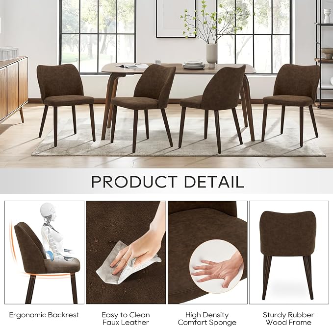 COLAMY Upholstered Dining Chairs Set of 2, Modern PU Leather Dining Room Kitchen Side Chair with Padded Seat and Wood Legs Restaurant/Cafe, Dark Brown