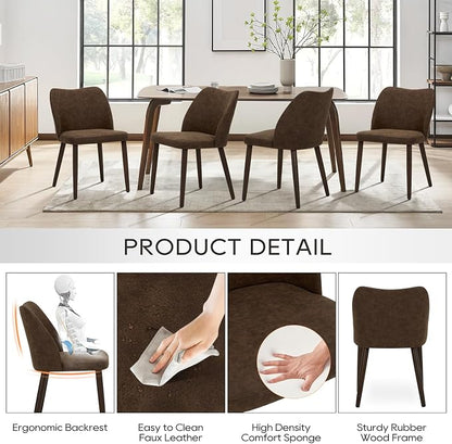 COLAMY Dining Chairs Set of 6, Upholstered Leather Kitchen Chairs with Curved Back, Padded Seat and Solid Wood Legs, Modern Dining Chair for Kitchen Dining Room, Dark Brown