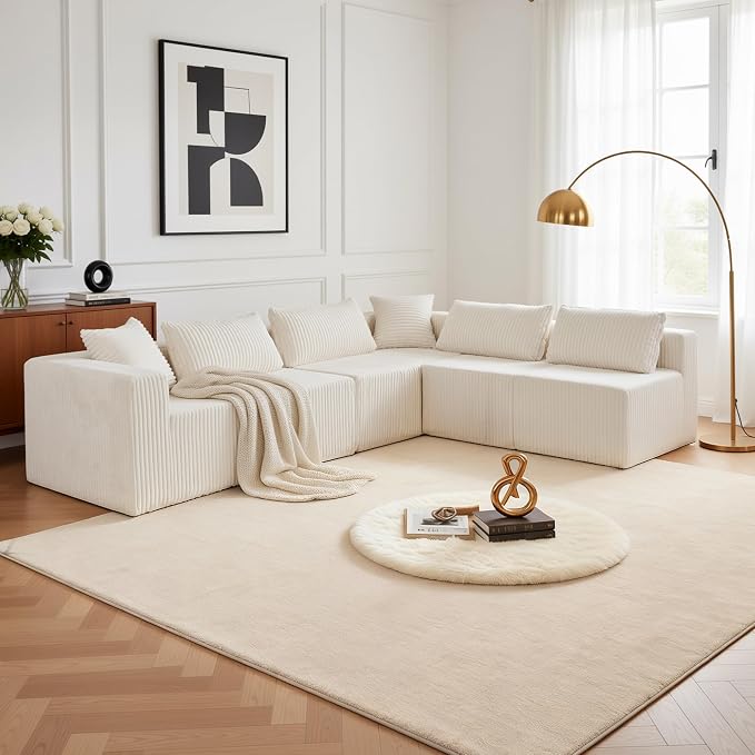 Claiks 128" Modular Boneless Couch, Sectional Couches for Living Room, Modern Cloud Sofa with Double Chaise, No Assembly Required, Beige