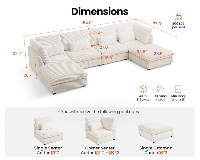 154" Oversized Corduroy Couch Modular Sectional Sofa, Washable Cloud Couch Sectional with 2 Ottoman, 6 Seater Sectional Couches for Living Room, Fully Cover Removable, U Shaped, Corduroy, White
