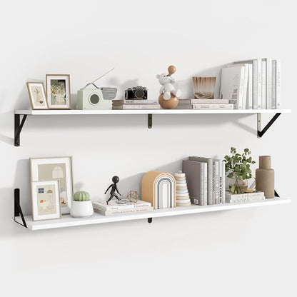 Axeman 48 Inch Floating Shelves | 8 Inch Deep White Wall Shelves Set of 2 | 47.3" W x 8" D Rustic White Wood Shelves for Bathroom Kitchen Living Room