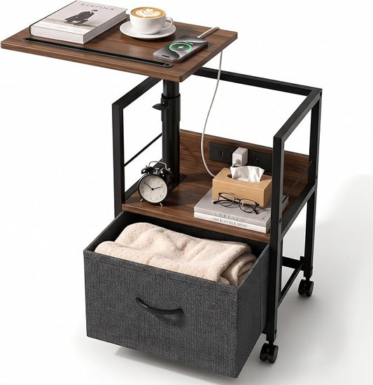 Faesun Swivel Lift Top Nightstand with Charging Station, Rolling Side Table for Recliner, Bedside Table with Wheels & a Fabric Drawer, for Small Spaces, for Bedroom, Living Room, Walnut Gray