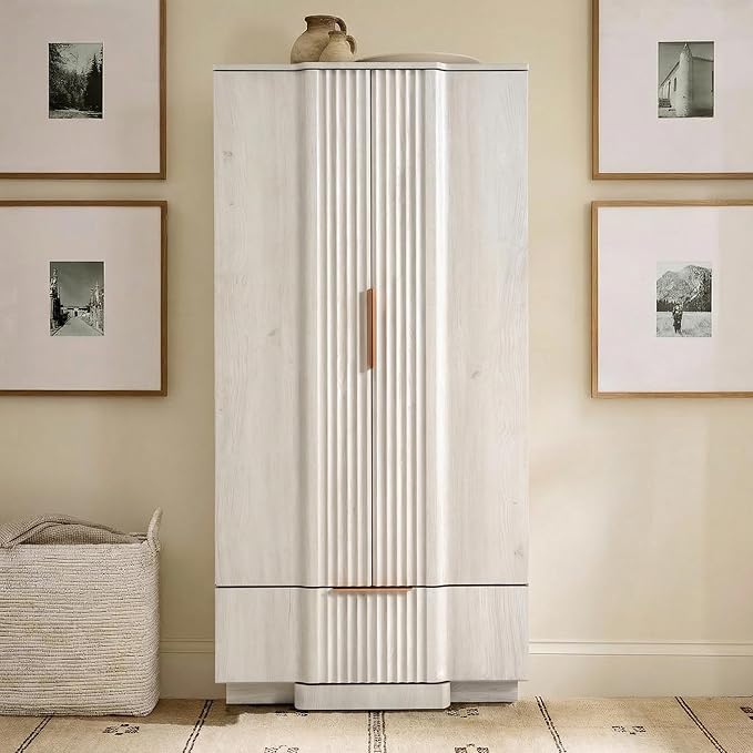 Brafab 67" Fluted Armoire Wardrobe Closet Set of 2 with Drawers and Doors, Wooden Wardrobe Cabinet with Adjustable Shelves, Modern Storage for Clothes, Coats for Bedroom,White(2 pcs)