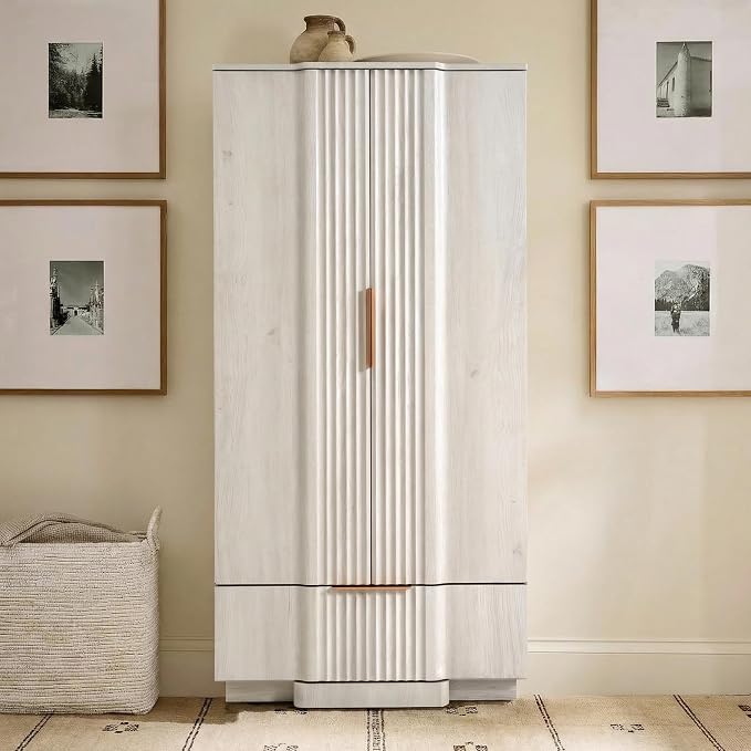 Brafab 67" Fluted Armoire Wardrobe Closet with Drawers and Doors, Wooden Wardrobe Cabinet with Adjustable Shelves, Modern Storage for Clothes, Coats for Bedroom,White Oak (1 pcs)