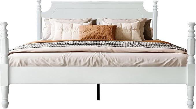 Solid Wood Queen Size Platform Frame, Headboard & Footboard, No Box Spring Needed, 12 Wooden Slats, Center Metal Legs, Slip-Free, Simple Assembly, Under Bed Storage, Pure White Finish, ROQ-39