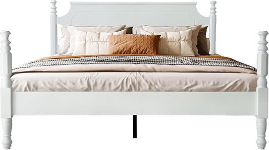Solid Wood Queen Size Platform Frame, Headboard & Footboard, No Box Spring Needed, 12 Wooden Slats, Center Metal Legs, Slip-Free, Simple Assembly, Under Bed Storage, Pure White Finish, ROQ-39