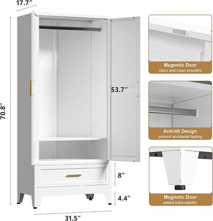 Washsemba 71'' Farmhouse Metal Wardrobe Cabinet with Hanging Rod, 2 Barn Door Wardrobe Closet with Adjustable Shelves,Drawer,for Dining Room,Bedroom,Living Room, Cloak Room,Office (White)