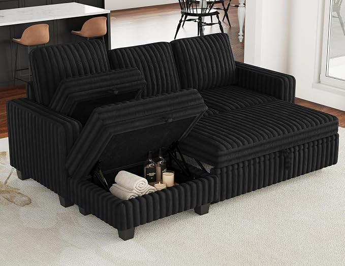 Belffin Corduroy Modular Sectional Sleeper Sofa with Pull Out Bed Small Sectional Couches with Storage for Living Room Apartment Couch. Black Couch