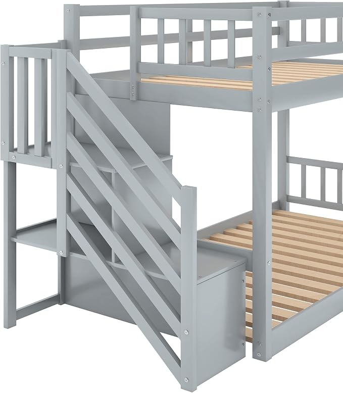 Twin Over Twin Bunk Bed with Ladder and for Storage Staircase for Teens, Boys or Girls, No Box Sping Needed